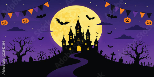 Photos Halloween Haunted Castle Illustration with Full Moon, Pumpkins and Spooky Night