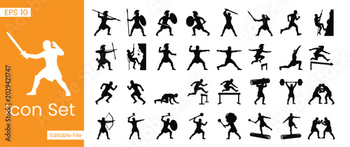 Schilderij op canvas Ancient Warrior Combat and Gladiator Fitness Training Silhouette Icons Set for S