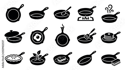 Various black silhouette cast iron skillets and pans with different food items and cooking actions, presented as a collection of kitchen icons
