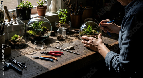 Person creating a mini indoor garden in a glass terrarium on a wooden table