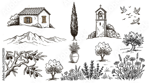 Hand-drawn Mediterranean landscape elements, including a small house, cypress tree, church bell tower, olive trees, mountains, and flying birds, rendered in a detailed sketch style