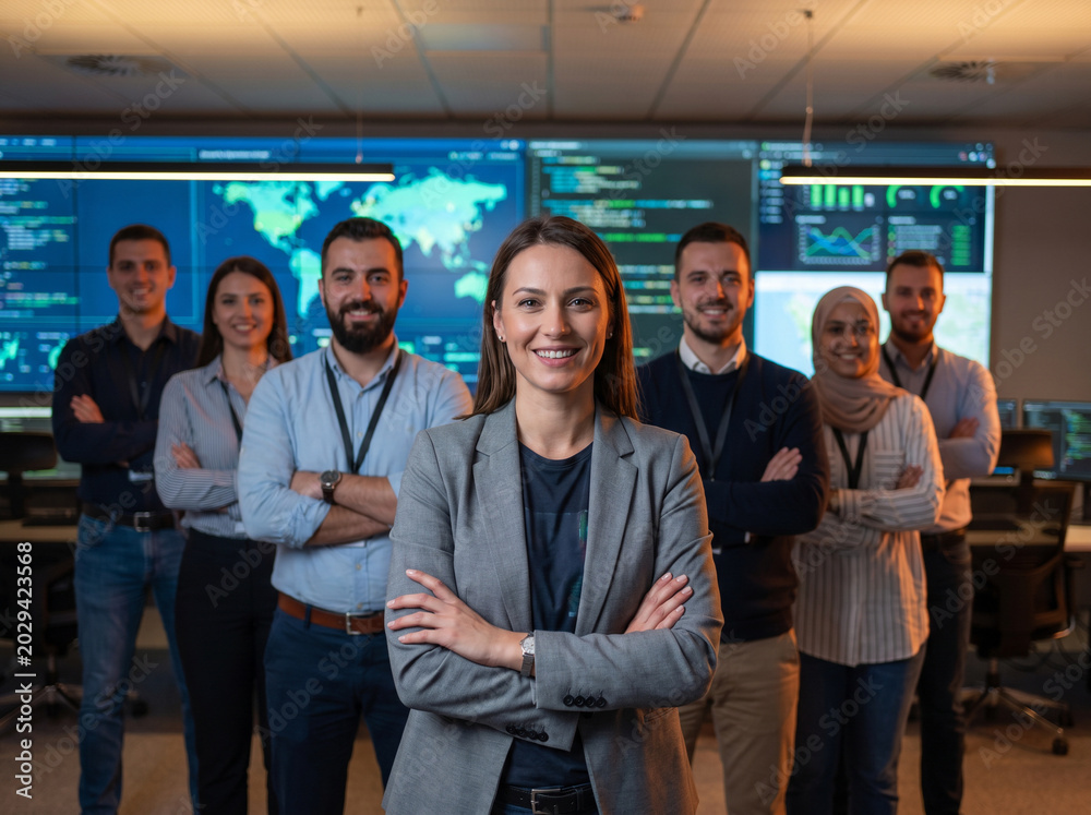 Obraz premium Diverse cybersecurity team standing in futuristic security operations center with confident female analyst in foreground, IT security engineers and network analysts, enterprise cybersecurity workplace