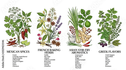 Assortment of culinary herbs and spices from various international cuisines