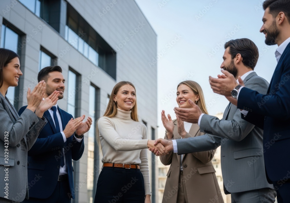 Obraz premium Group of business people clapping and smiling together in front of a modern building