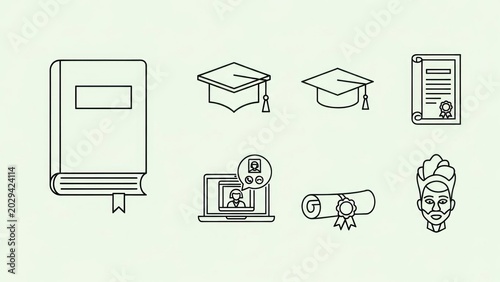 A minimalist illustration set featuring education-related icons on a pale green background