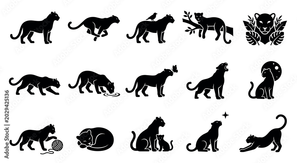 Obraz premium Collection of black panther silhouettes in various poses and activities, including resting, running, and interacting with nature, presented in a clean graphic style