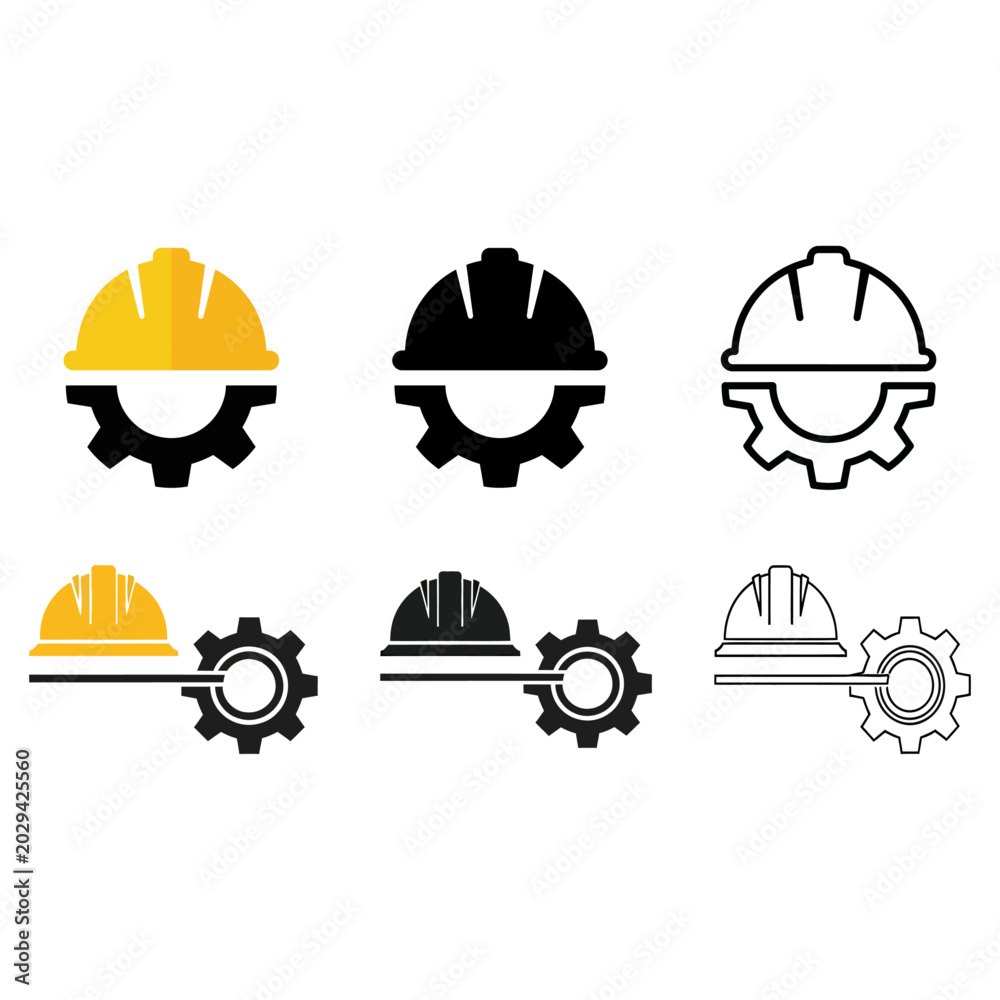 Fototapeta premium Construction Engineering Helmet and Gear Icon Set – Industrial Safety, Mechanical Work and Engineering Symbols in Yellow, Black, and Outline Vector Styles for Professional Design and Industry Branding