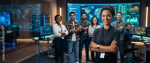 Diverse cybersecurity team standing in futuristic security operations center with confident female analyst in foreground, IT security engineers and network analysts, enterprise cybersecurity workplace
