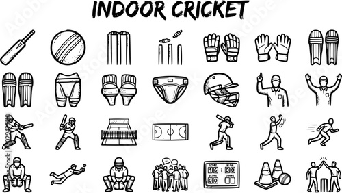 Canvas Print Indoor Cricket Equipment and Players Icons Set, Black and White Line Art