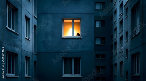 Leuchtendes Fenster in dunklem Wohnblock bei Nacht mit einsamer Stimmung