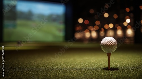 Golf ball on a tee in an indoor golf simulator room with screen and bokeh lighting