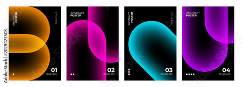 Abstract Posters Collection. Vibrant neon colored gradient geometric shapes on black background. Futuristic creative graphic designs. Vector illustration.
