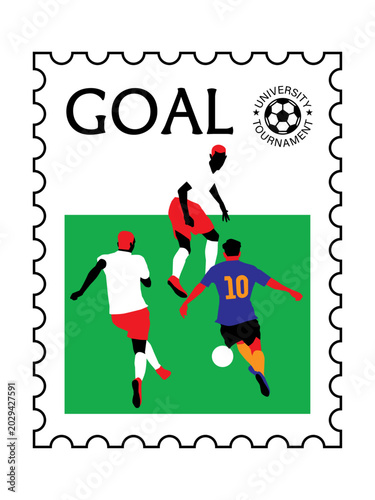 Minimalist vector illustration of soccer players on a green pitch, designed as a postage stamp with the word GOAL and a university tournament logo.