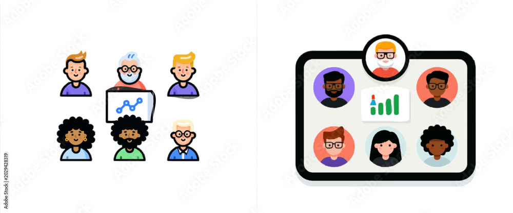 Fototapeta premium A remote team video call grid features five diverse faces, one person sharing a screen with a graph, all against a solid cream backdrop in a flat vector style with thick black contours