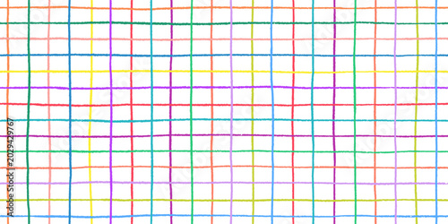 Square grid hand drawn seamless pattern. Pencil thin color line. School texture backdrop. Vector crayon thin bright stroke. Blank sheet. Doodle geometric wallpaper for graphic kids design. Art textile