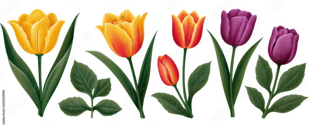 Obraz premium Tulip blooms with foliage halftone elements for collage set. Cut out of magazine vintage stickers, yellow, orange, and purple flowers. Modern retro illustration isolated on white background