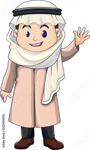 Fotografija An animated Arabic character waving, dressed in traditional attire, exuding a sense of friendliness and warmth