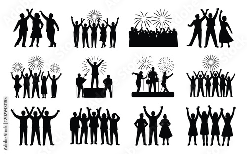 фотографія Collection of black silhouette people celebrating with fireworks on white backgr