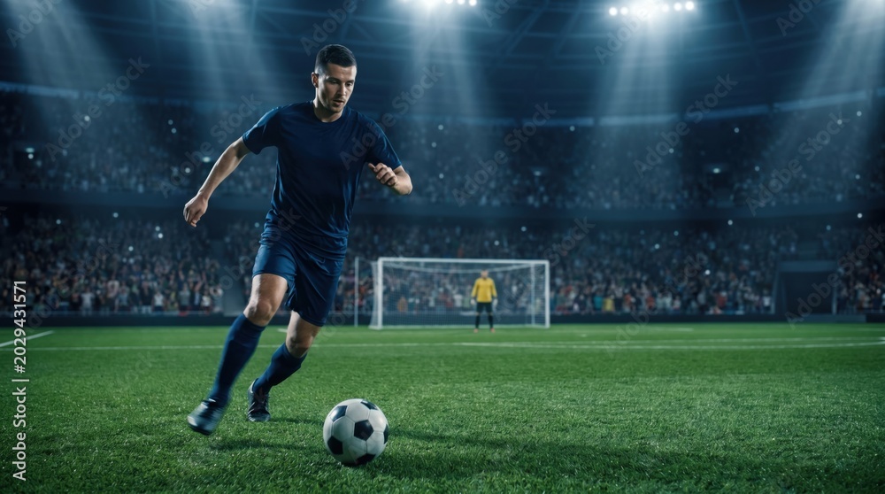 Naklejka premium Professional Male Soccer Player Dribbling Ball on Green Field in Stadium.