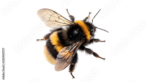A macro shot of a wild bumblebee with a fluffy black and yellow body crawling dynamically isolated on transparent background PNG cut out