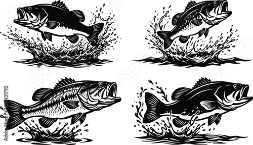 Large mouth bass fish jumping out of water vector illustrations