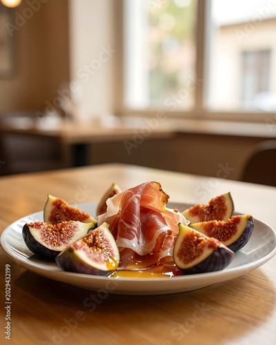 Slovenian Kraki Prut with fresh figs and honey on a plate