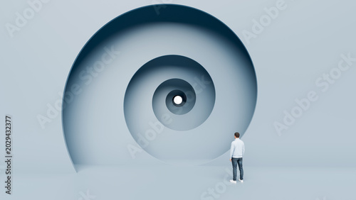 Man standing before giant concentric spiral tunnel with glowing center, focus, depth, vision and infinite goal pursuit concept, 3d render