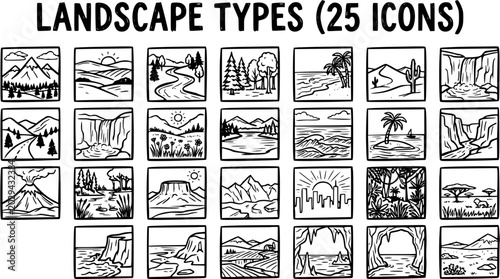 Black and White Line Art Icons of 25 Different Landscape Types for Stock Asset