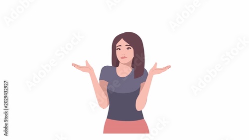 A beautiful young woman shrugs her shoulders. I do not know, it shows by facial expression and hand gesture.Looped animation with alpha channel.