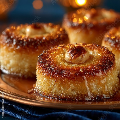 Traditional sekerpare hazelnut biscuits with sweet syrup on copper pla