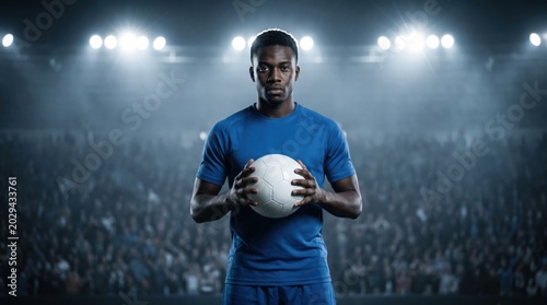 Serious male soccer player holding ball in illuminated stadium ready for game.