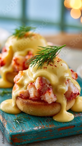 Gourmet eggs neptune with lobster and hollandaise sauce on rustic wood