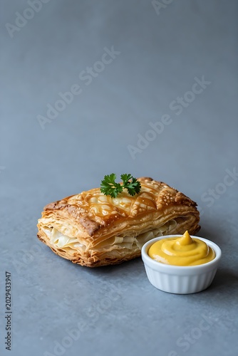 Golden brown friand au jambon served with mustard dip and parsley