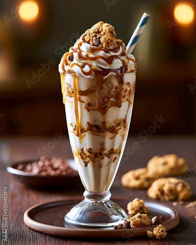 Cookie dough milkshake with whipped cream and caramel drizzle
