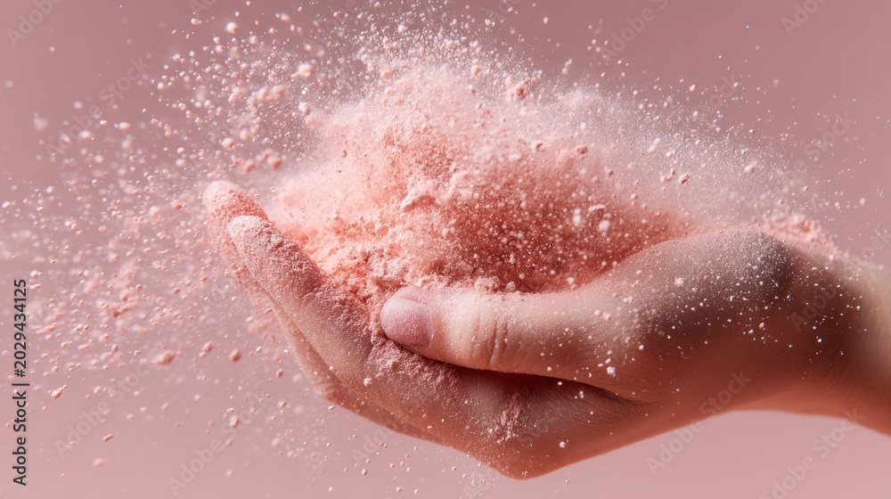 Fototapeta premium Light pink powder exploding from cupped hand