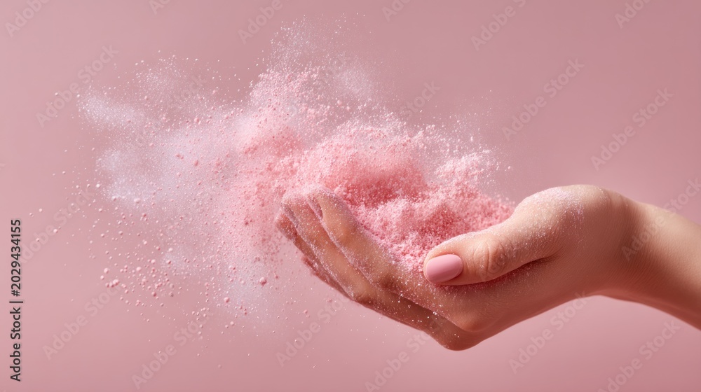 Fototapeta premium A pale pink powder erupts from a hand against a soft pink background