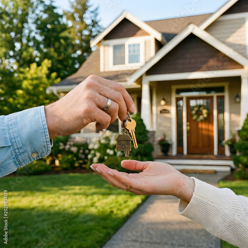 Real estate agent handing over the keys to a beautiful new house to a happy client in front of a suburban home during a bright and sunny spring afternoon day