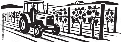 Tableau sur toile tractor in vineyard farm landscape black and white vector illustration
