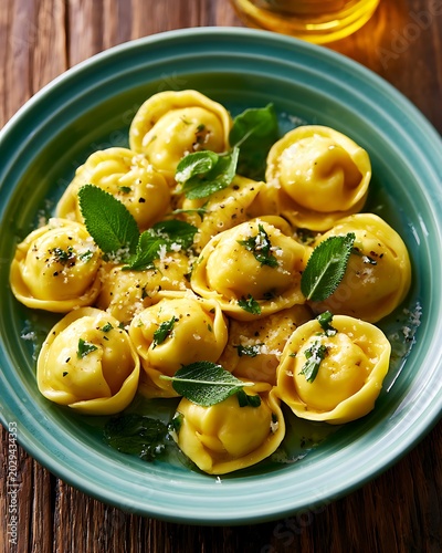 Agnolotti del plin with sage and butter on a rustic table