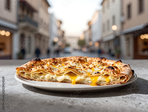 Egyptian feteer meshaltet pizza with melted cheese on a sunny terrace