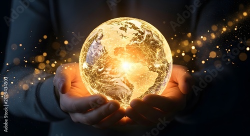 Glowing digital earth held in hands with golden network connections