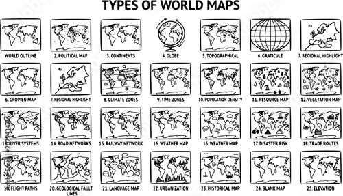 Foto Black and White Line Art World Maps Collection for Geography, Education, and Glo