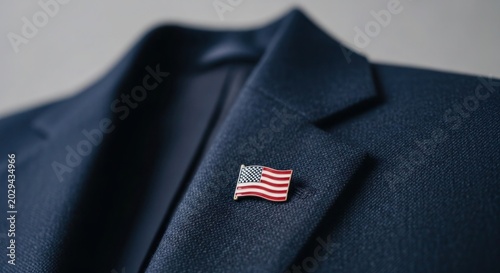 American flag lapel pin attached to a professional navy blue suit jacket for formal business attire