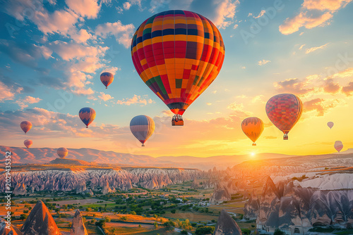 Colorful hot air balloons in sunrise sky, floating above rocky terrain and green valleys