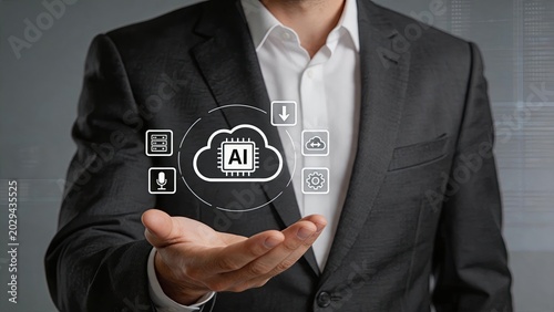 Business professional presenting artificial intelligence cloud solution with digital icons for data, voice, settings and download, representing enterprise AI integration,
