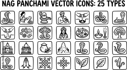 Φωτογραφία Nag Panchami Hindu Religious Festival Vector Icons Set