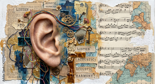 Creative art collage concept about hearing, music and harmony