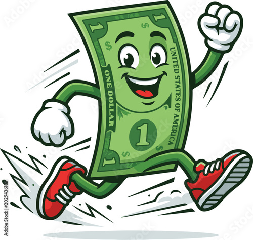 Running money character mascot. Happy green dollar bill with sneakers and gloves. Fast cash concept. Financial success illustration. Vector cartoon dollar bill celebrating profit. Money on the run.