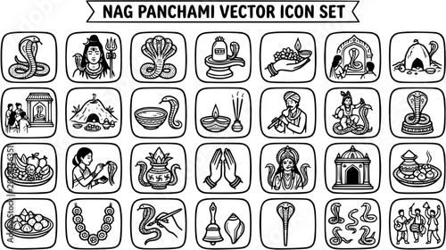 Schilderij op canvas Nag Panchami Hindu Festival Vector Icon Set: Snake Worship, Shiva, Goddess, Offe