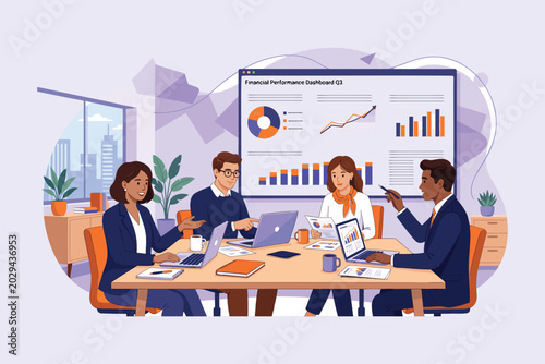 Business Team Meeting and Data Analysis Flat Illustration
